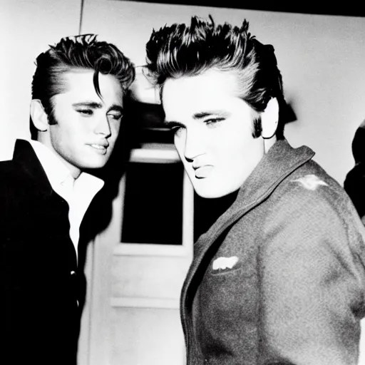 james dean and elvis presley leaving a hotel together Stable Diffusion