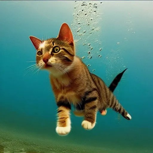 a cat scuba diving in a huge lake, National Stable Diffusion