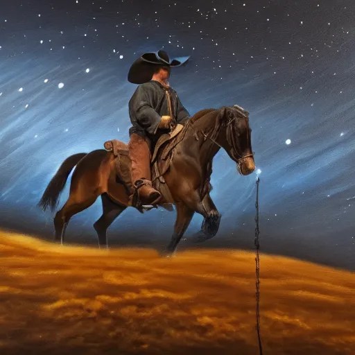 a dark oil painting of a cowboy riding a horse towards Stable Diffusion
