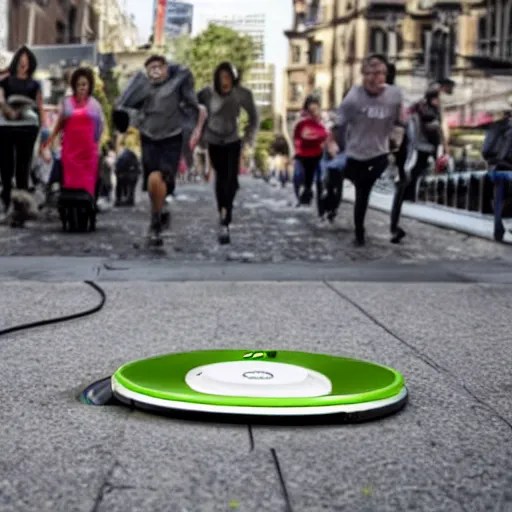 roomba attacks the city, people running from roomba, Stable Diffusion