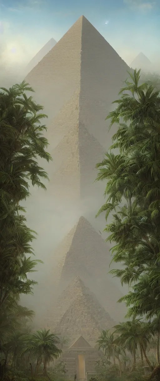 an egyptian pyramid in the jungle surrounded by mist, Stable