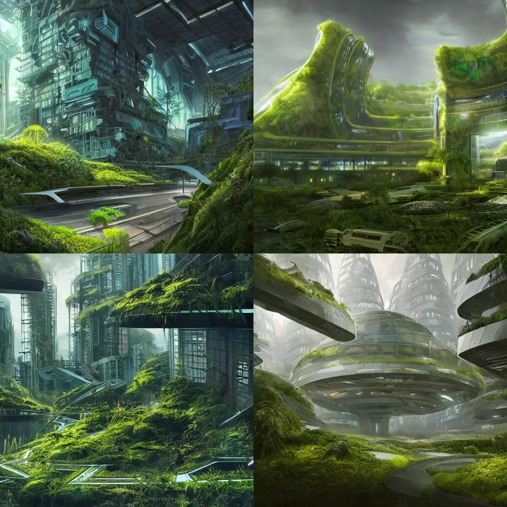an abandoned futuristic green city, with plants and Stable Diffusion