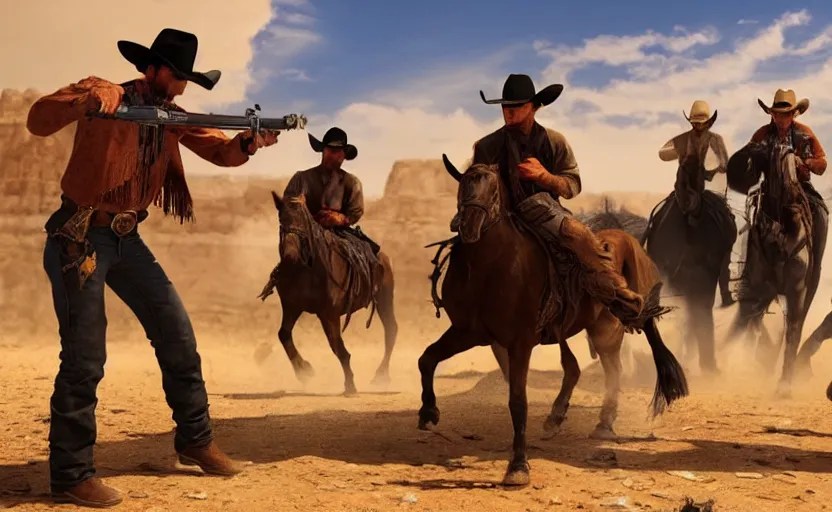 3 western cowboys performing a mexican standoff in a Stable Diffusion