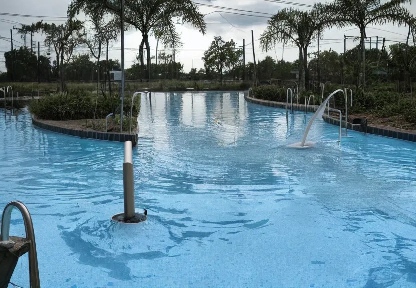 pool of electrified water, electrical hazard, Stable Diffusion