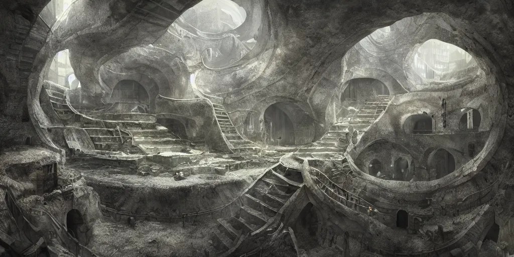 an underground city built in a round bottomless chasm, Stable
