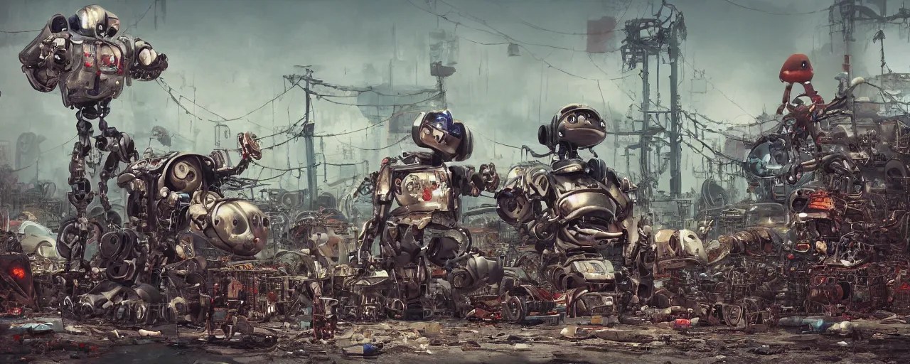an intricate concept art of a robot junk yard behind Stable Diffusion
