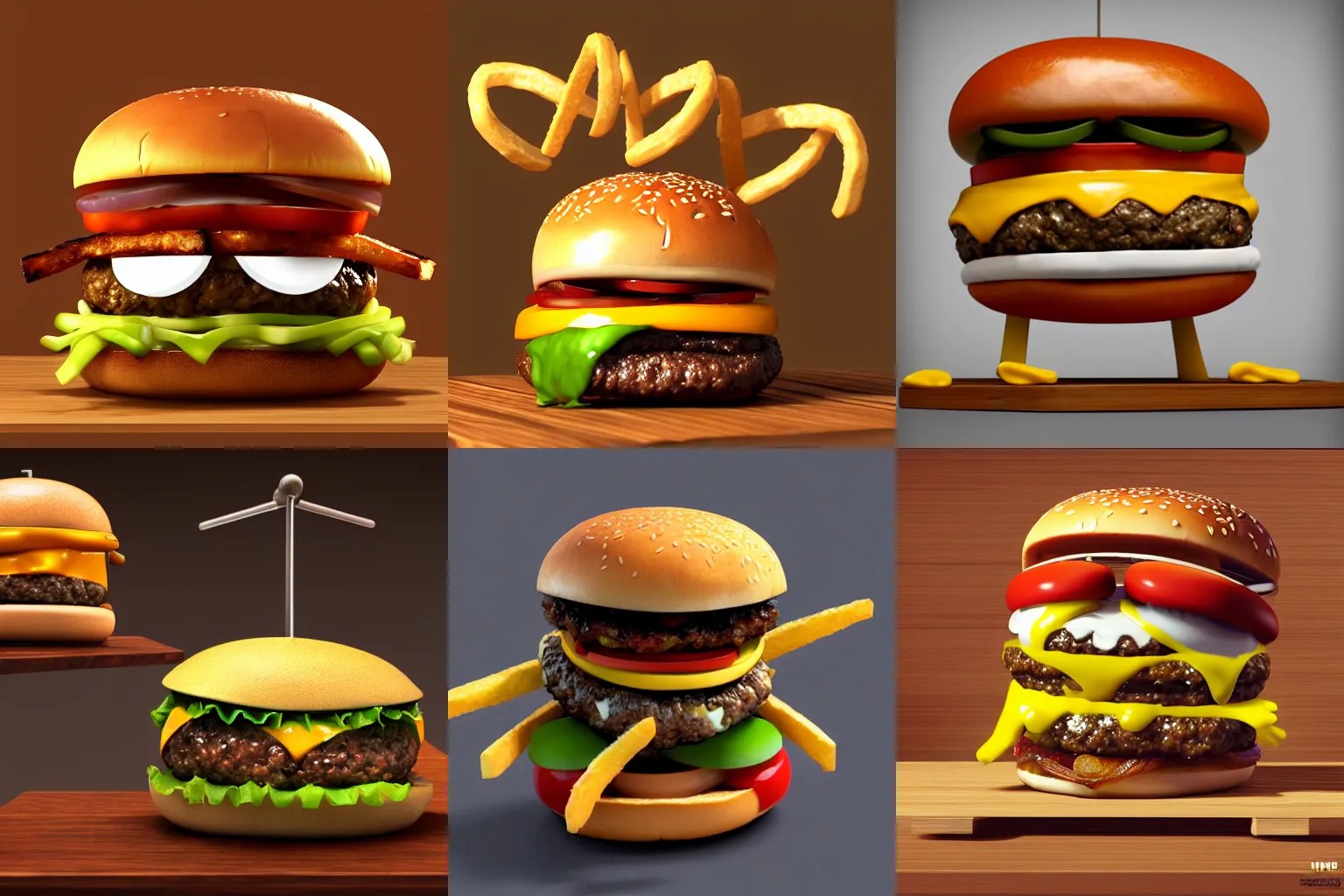 a cheeseburger with googly eyes and french fry arms Stable Diffusion