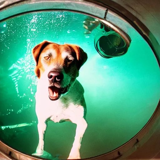 photograph of dog wearing diving gear swimming in a Stable Diffusion
