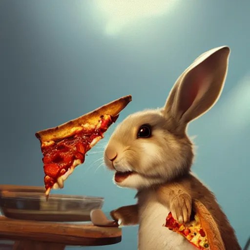 a rabbit smiling and eating pizza by greg rutkowski Stable Diffusion