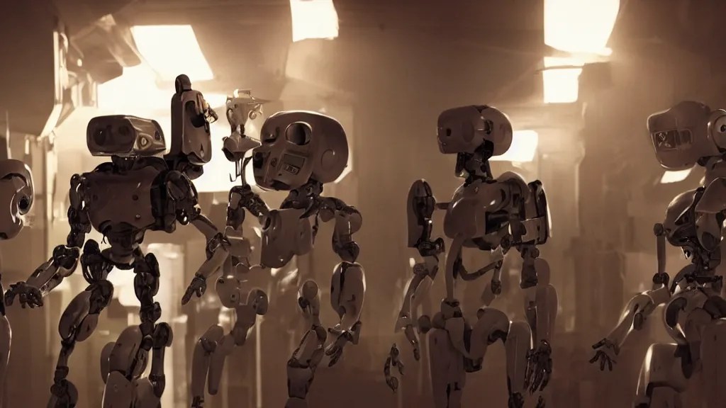 movie scene of pulp ficition but with robots, movie Stable Diffusion