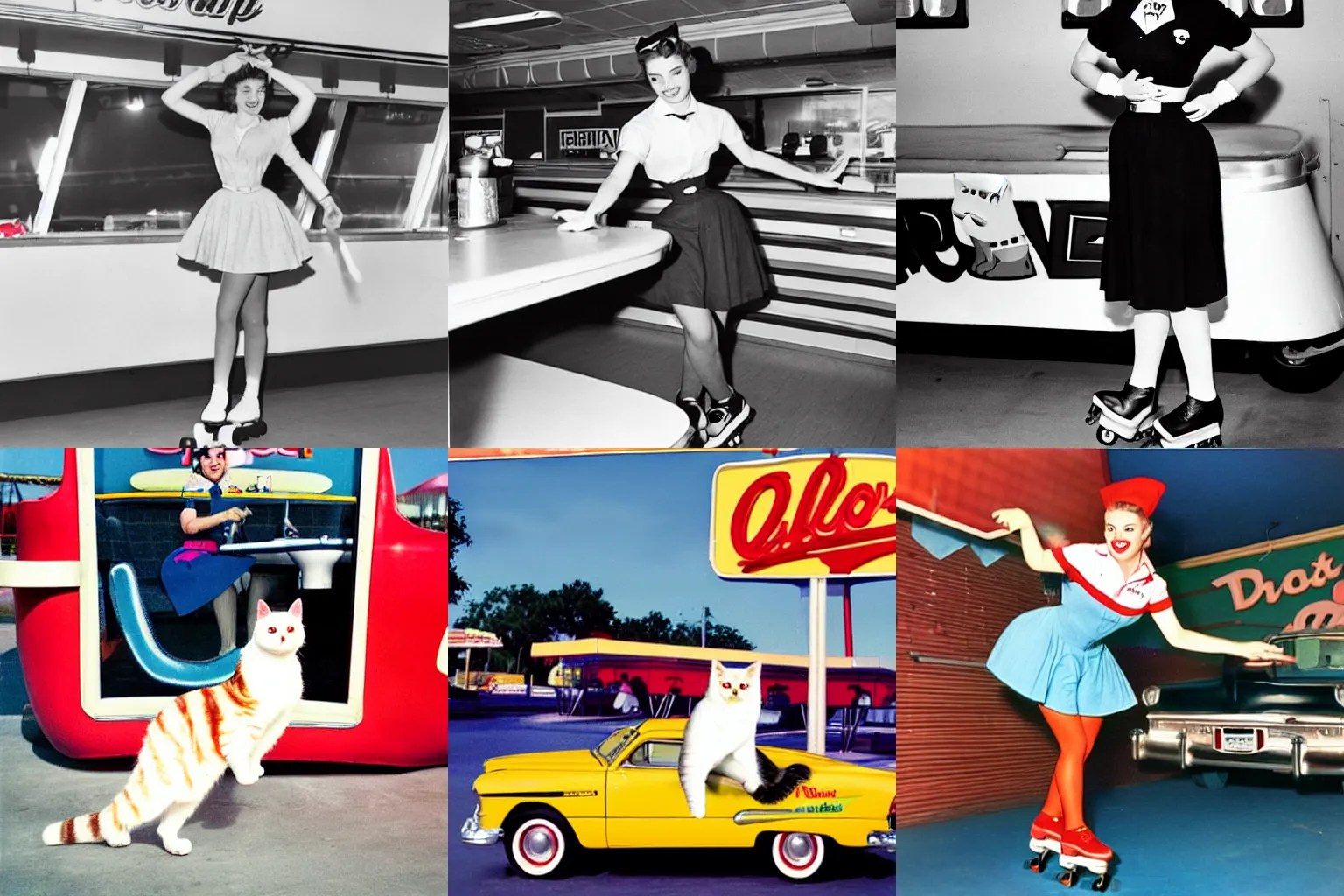 cat as a 1950s roller skating carhop at a drivein Stable Diffusion