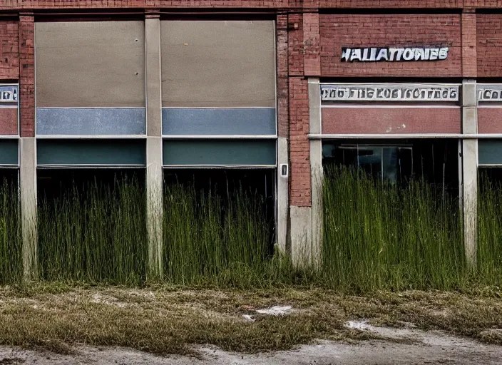 an abandoned hardware store, grass growing on Stable Diffusion OpenArt