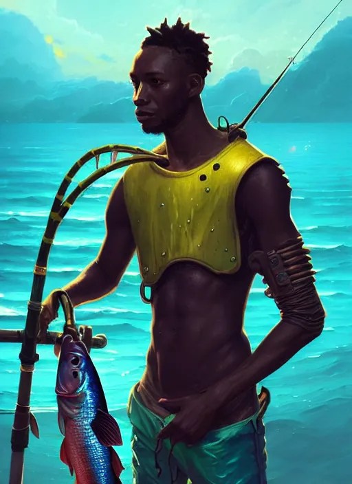 portrait of a male jamaican fisherman sci fi glowing Stable