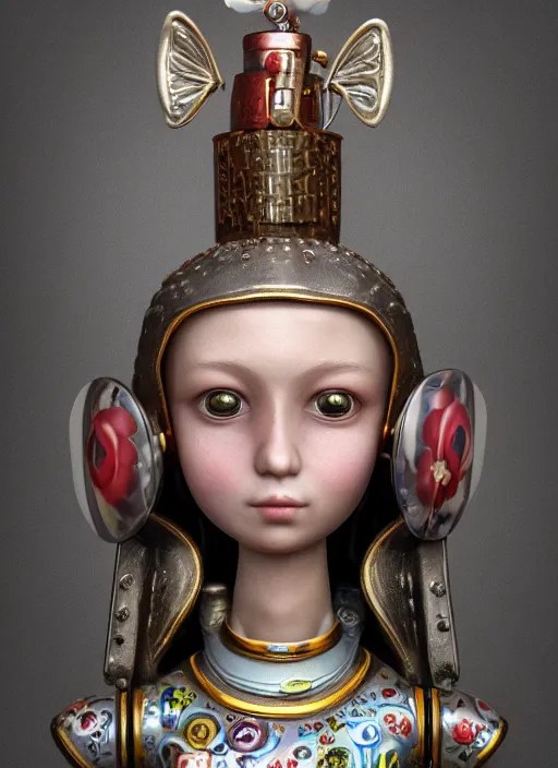closeup profile portrait of tin toy girl joan of arc, Stable
