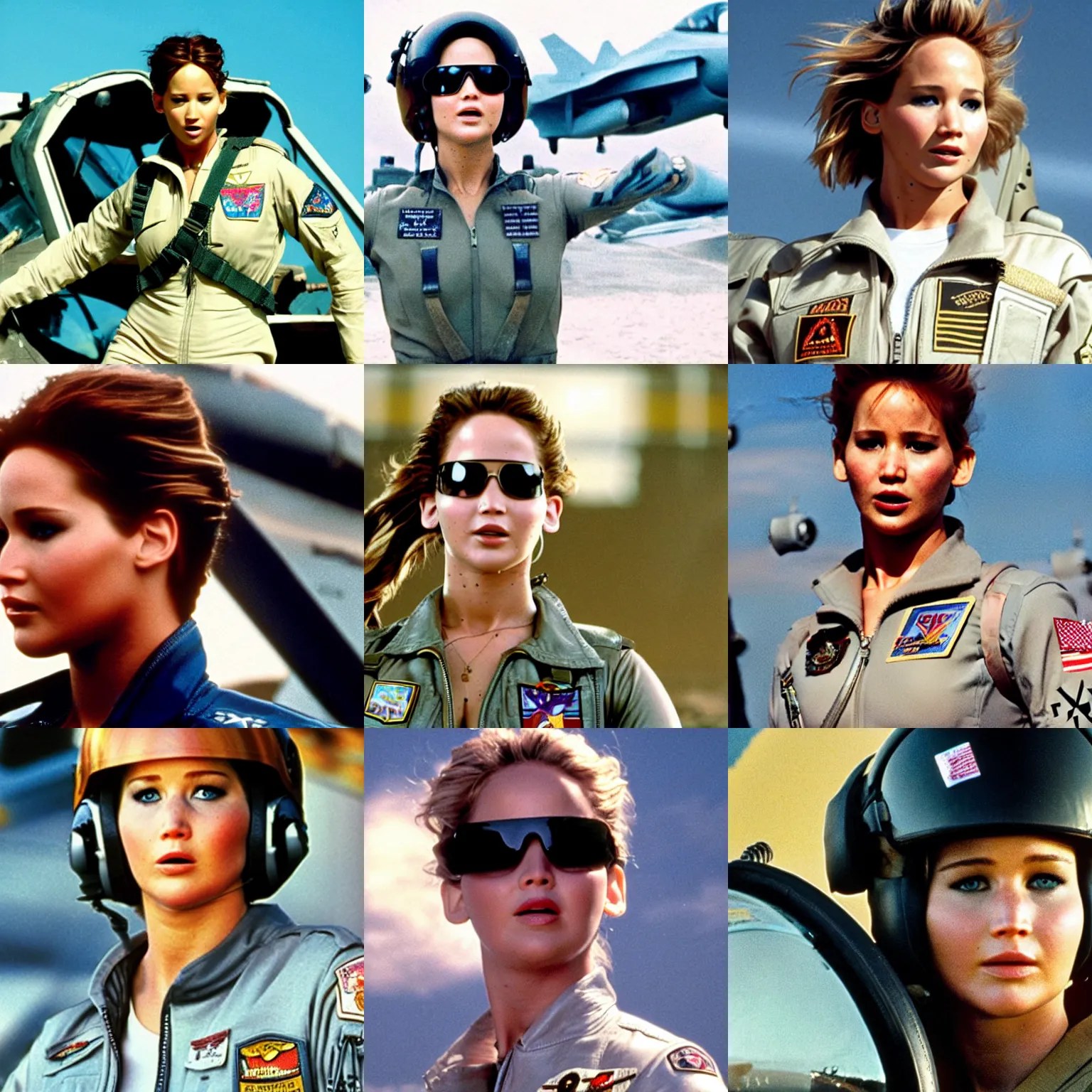 Film still, Jennifer Lawrence as Maverick from Top Gun Stable