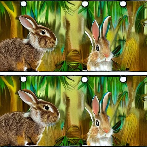 rabbit run across jungle. film strip. 4 frames. Stable Diffusion