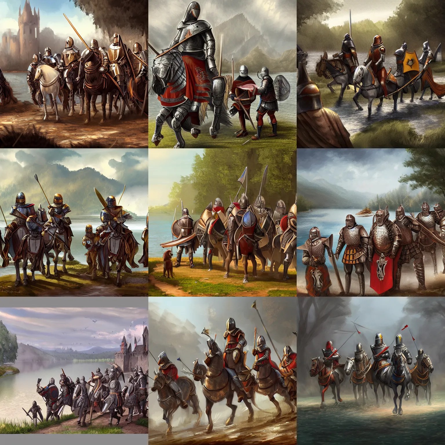 group of medieval knights arriving to a lake, digital Stable