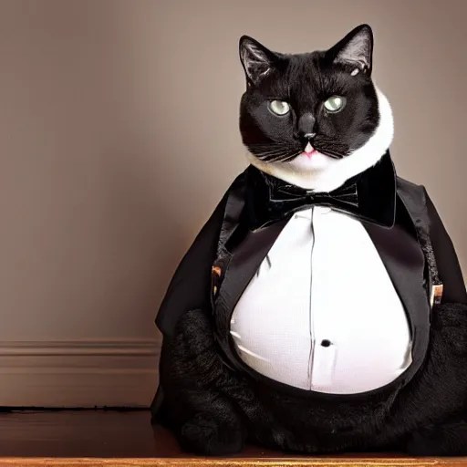 a very fat and judgmental cat wearing a full tuxedo, Stable Diffusion