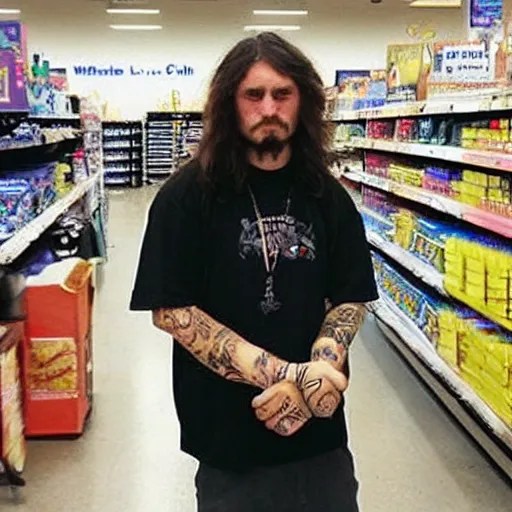 long haired man with face tattoos working at walmart Stable Diffusion