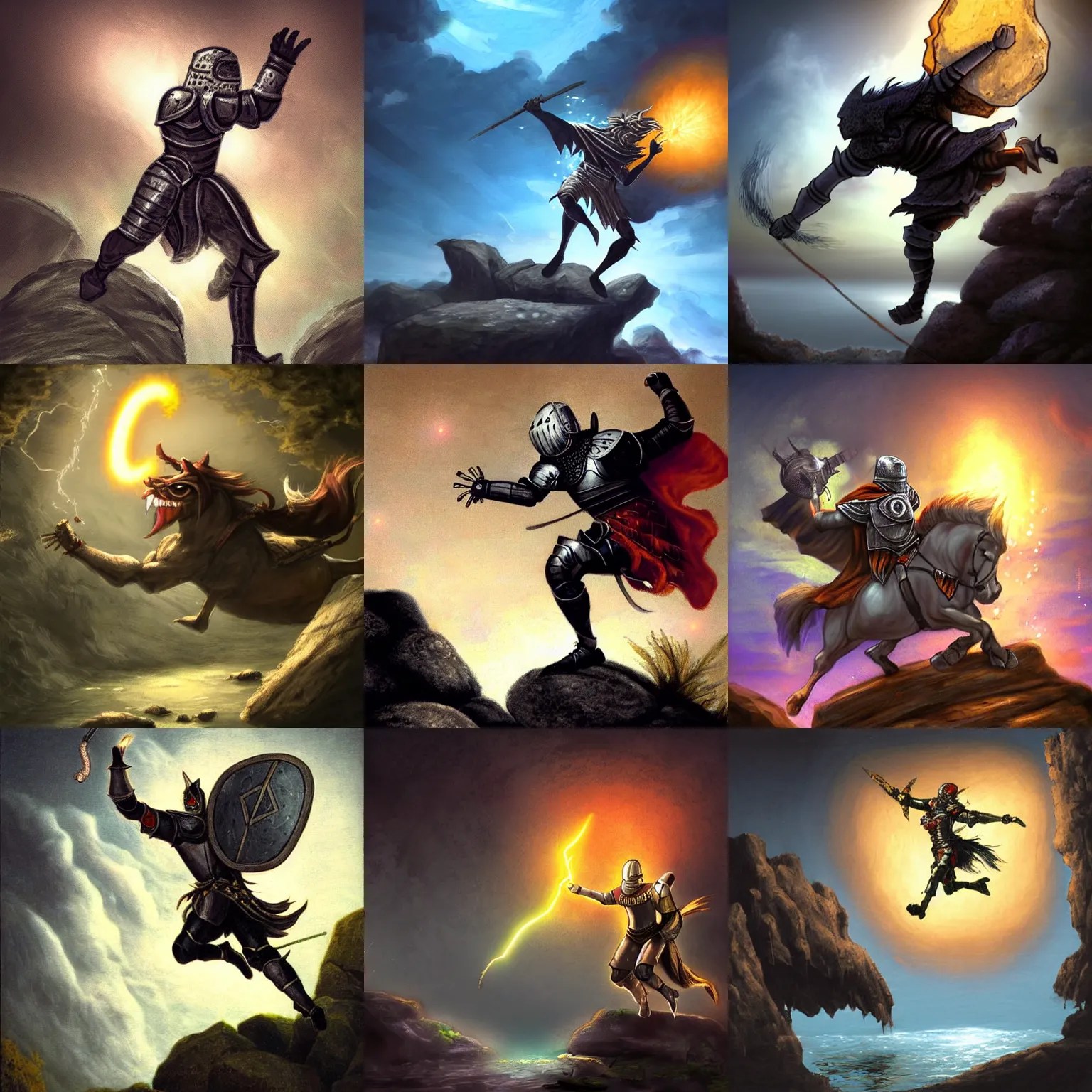 knight with glowing eyes jumping off a rock preparing Stable Diffusion OpenArt