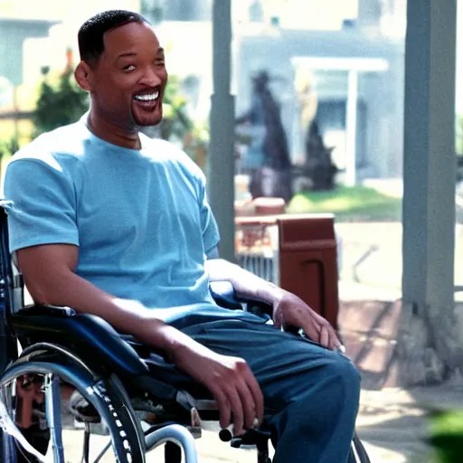 will smith smiling in a wheelchair, movie still Stable Diffusion