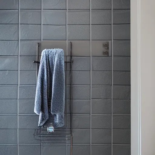 a single bathrobe belt on a metal towel rack, tile wall Stable