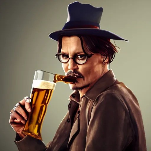 Photorealistic Johnny Depp drinking a mega pint of Stable Diffusion