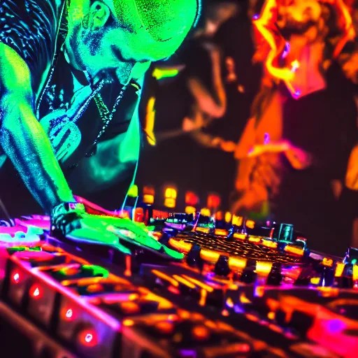 A hd photo of a Dj playing his mixer in a rave with a Stable