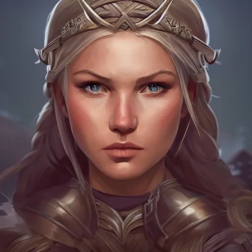 epic portrait an beautiful female viking, front facing Stable