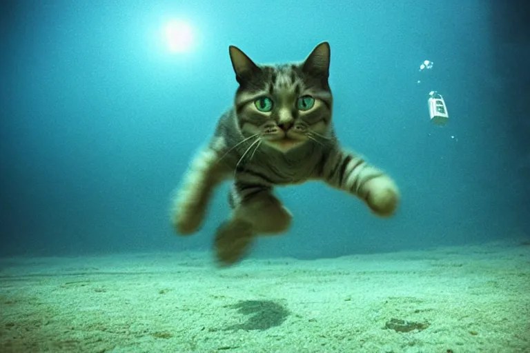 a scuba diver cat swimming underwater, photorealistic Stable
