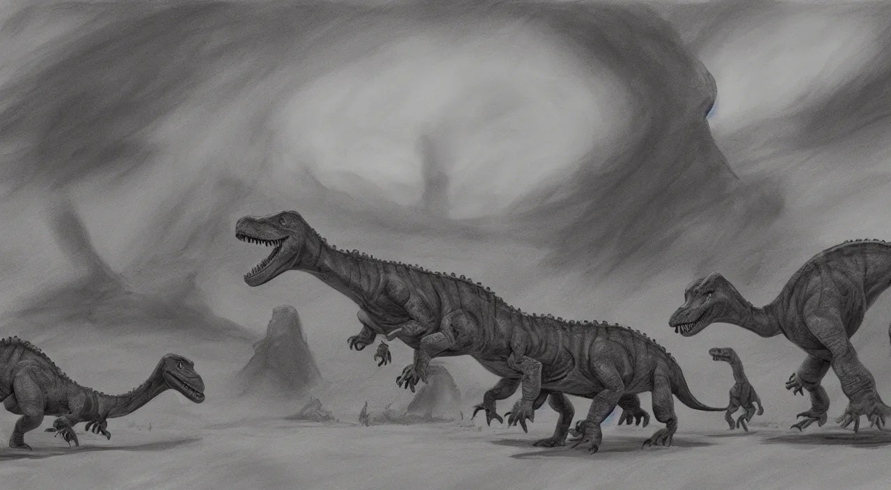 Dinosaurs walking past scenery, meteor, concept art, Stable Diffusion