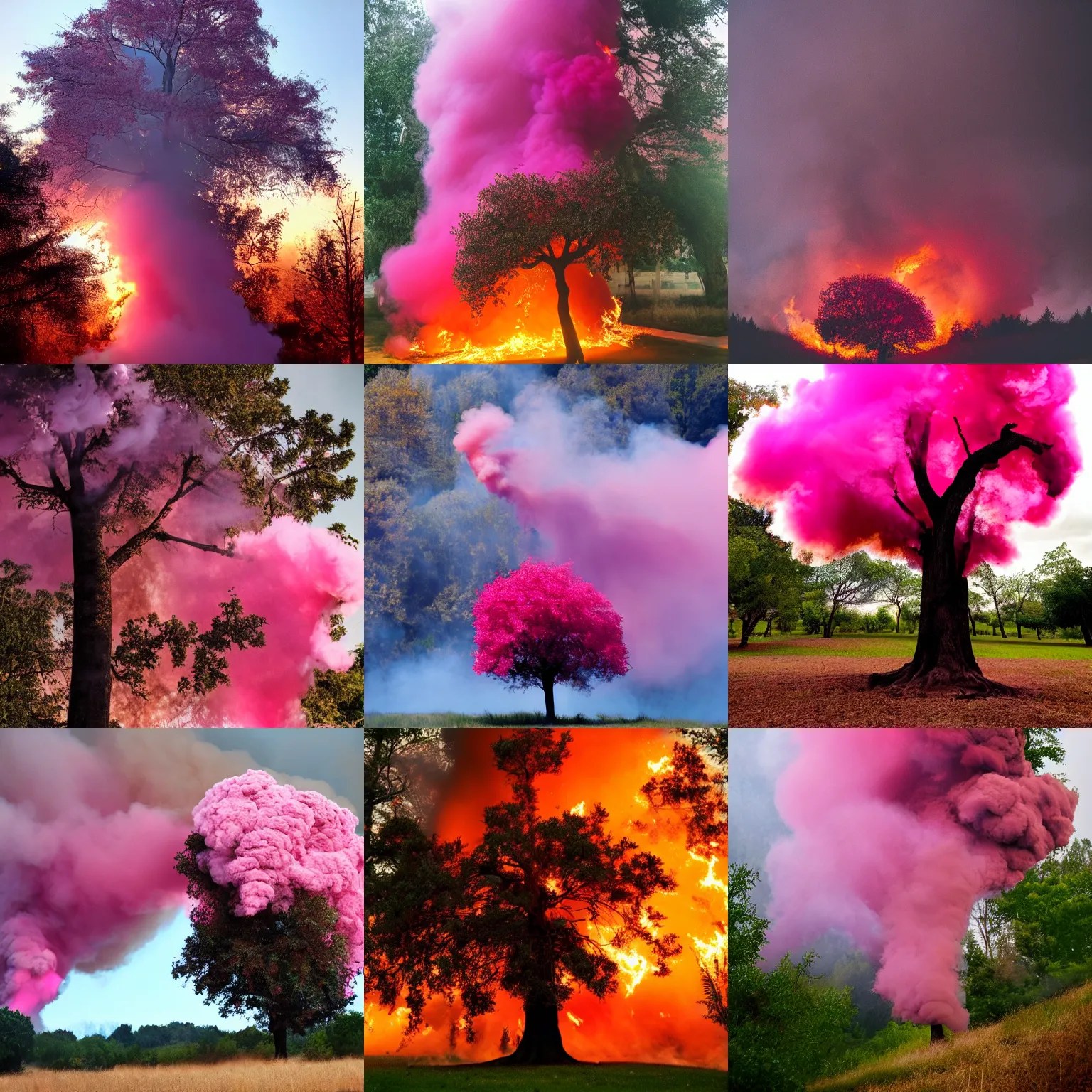 tree surrounded by pink smoke and fire, during red Stable Diffusion