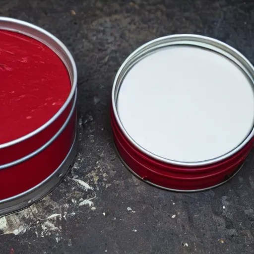 a open tin of red paint advertising screwfix paintbrush Stable