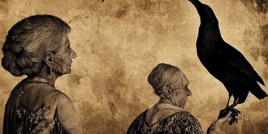 enchanting old lady with crow on her shoulder, rule of Stable