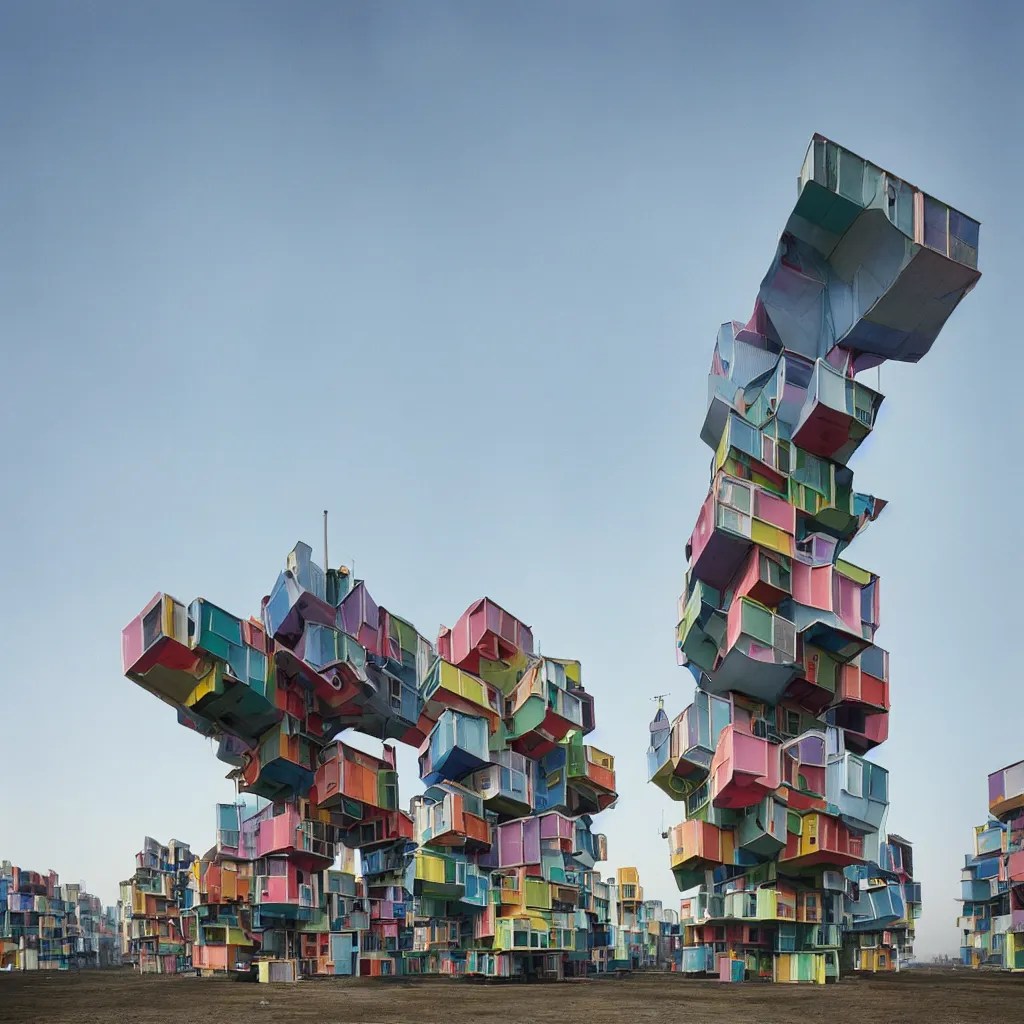 two suspended towers made up of colourful makeshift Stable Diffusion