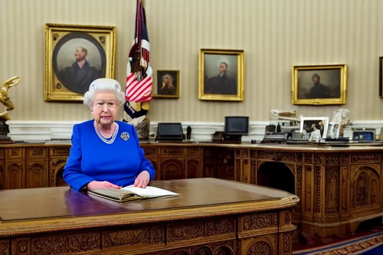 Queen Elizabeth II sitting behind the Resolute Desk in Stable Diffusion