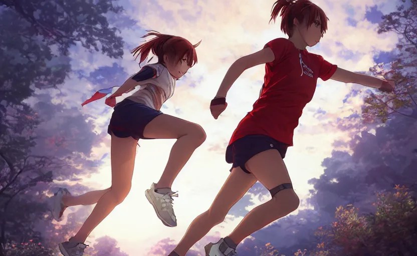 anime style, girl is running fast, red sport clothing, Stable Diffusion