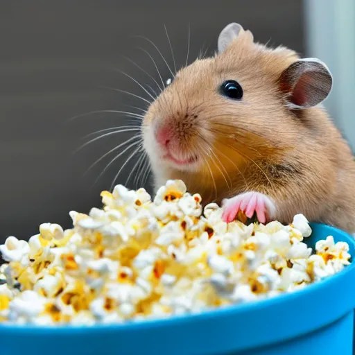 photo of a hamster, full cheeks, eating popcorn from a Stable