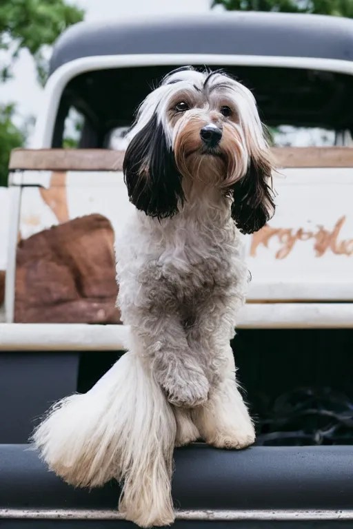 “a Havanese dog with a ponytail and wearing cowboy Stable Diffusion