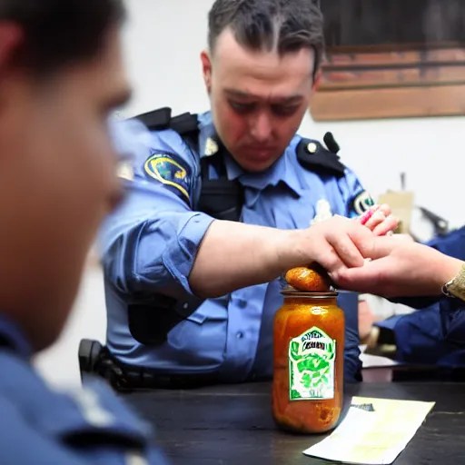 coherent photo of police interrogating a jar of pickles Stable