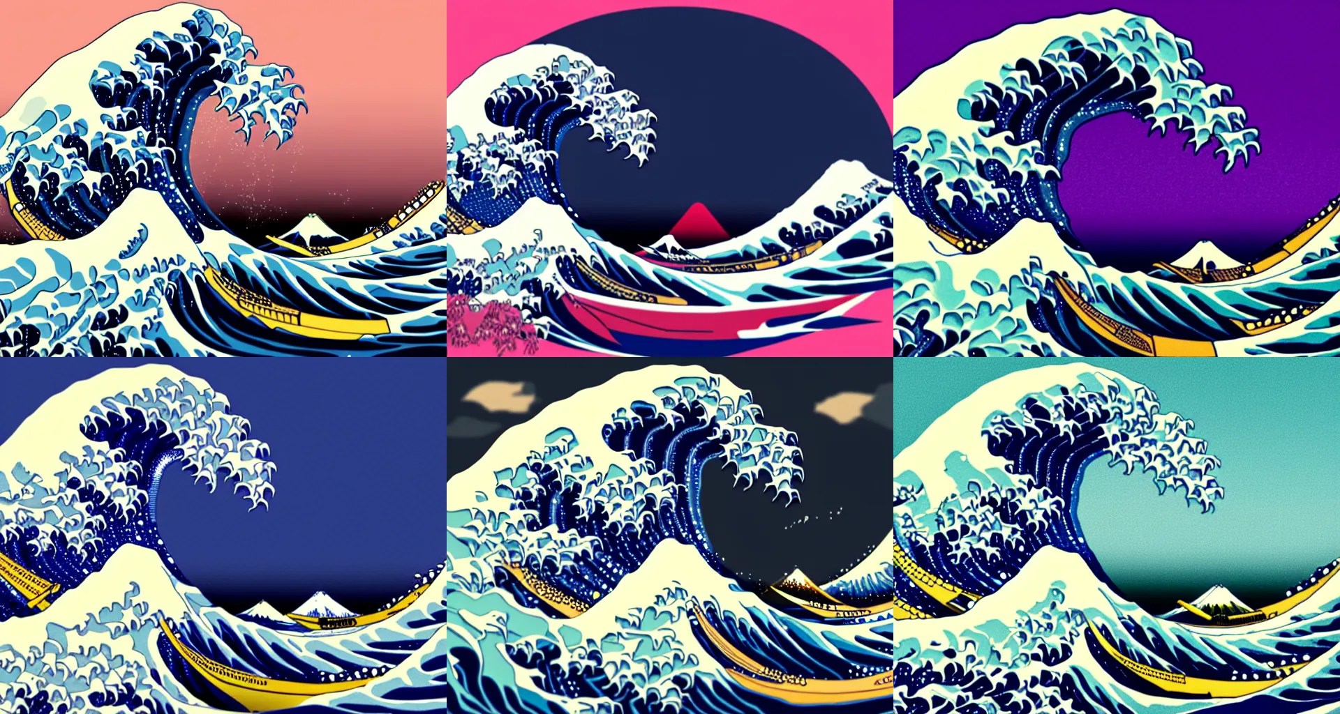 The Great Wave Off Kanagawa, low polygon, synthwave, Stable Diffusion