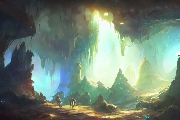 glowing crystal cave, fantasy art in the style of Stable Diffusion
