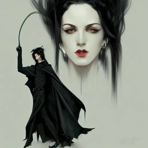 goth tall thin man with wind swept floating black hair Stable
