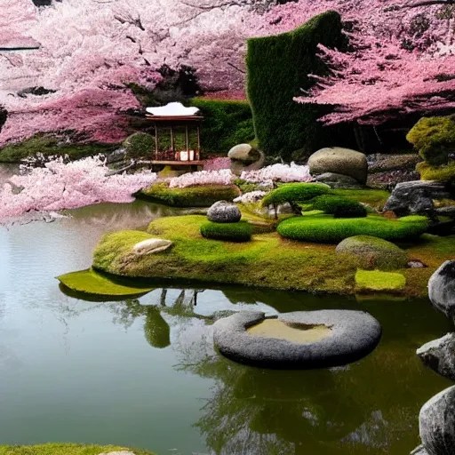 Japanese zen garden with cherry blossoms and a lake Stable Diffusion