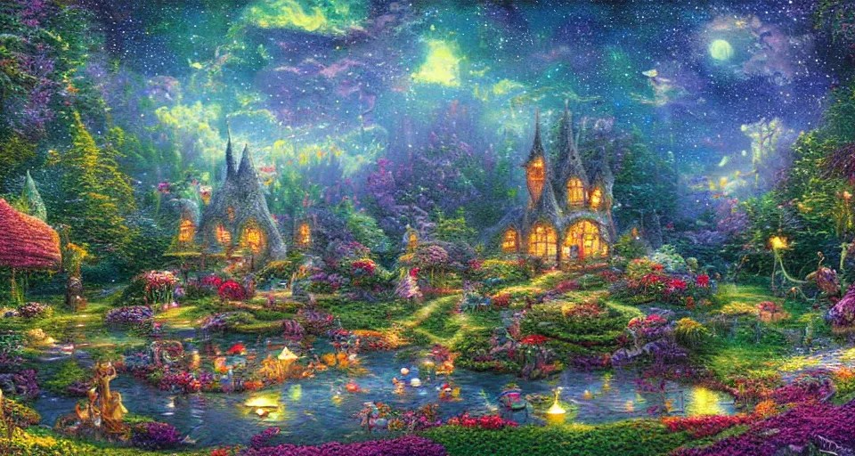 a whimsical fairyland with a pond, starry sky, ambient Stable Diffusion OpenArt