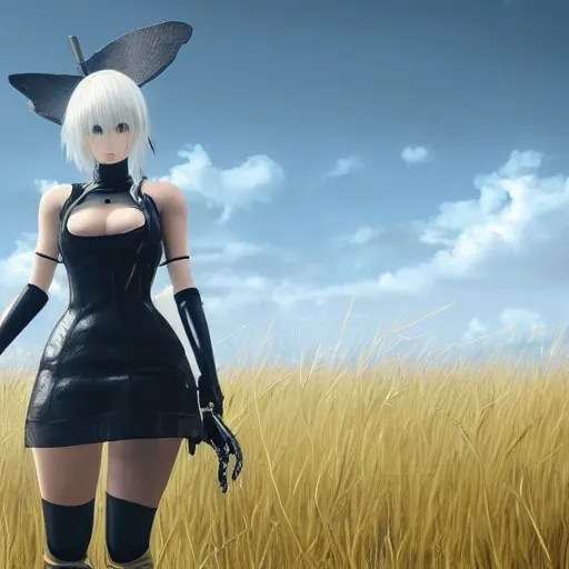 2B nier automata in a field, 4k, detailed face, Stable Diffusion