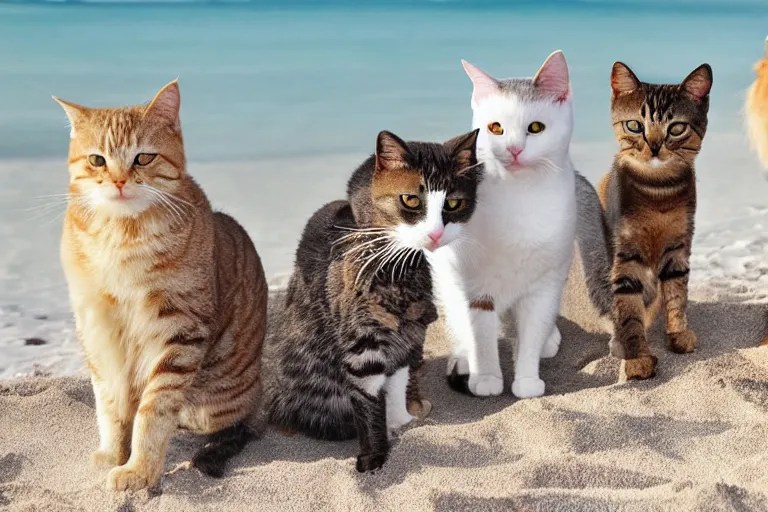 cats at the beach and all of the cats are looking Stable Diffusion