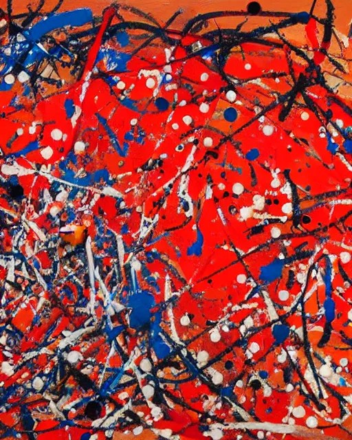 a jackson pollock painting that is red, orange, blue, Stable Diffusion
