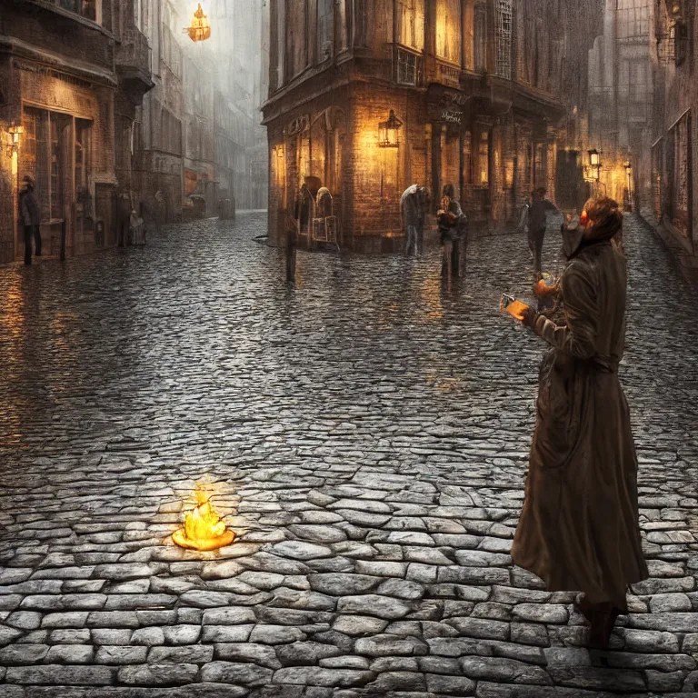 lit match in the rain on a cobblestone road, beautiful Stable