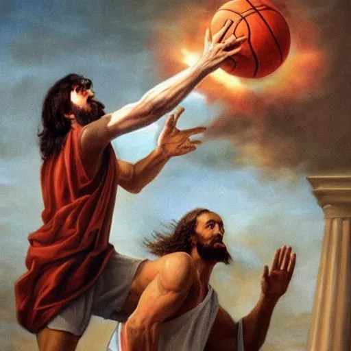 Jesus Christ dunks a basketball over Satan Stable Diffusion